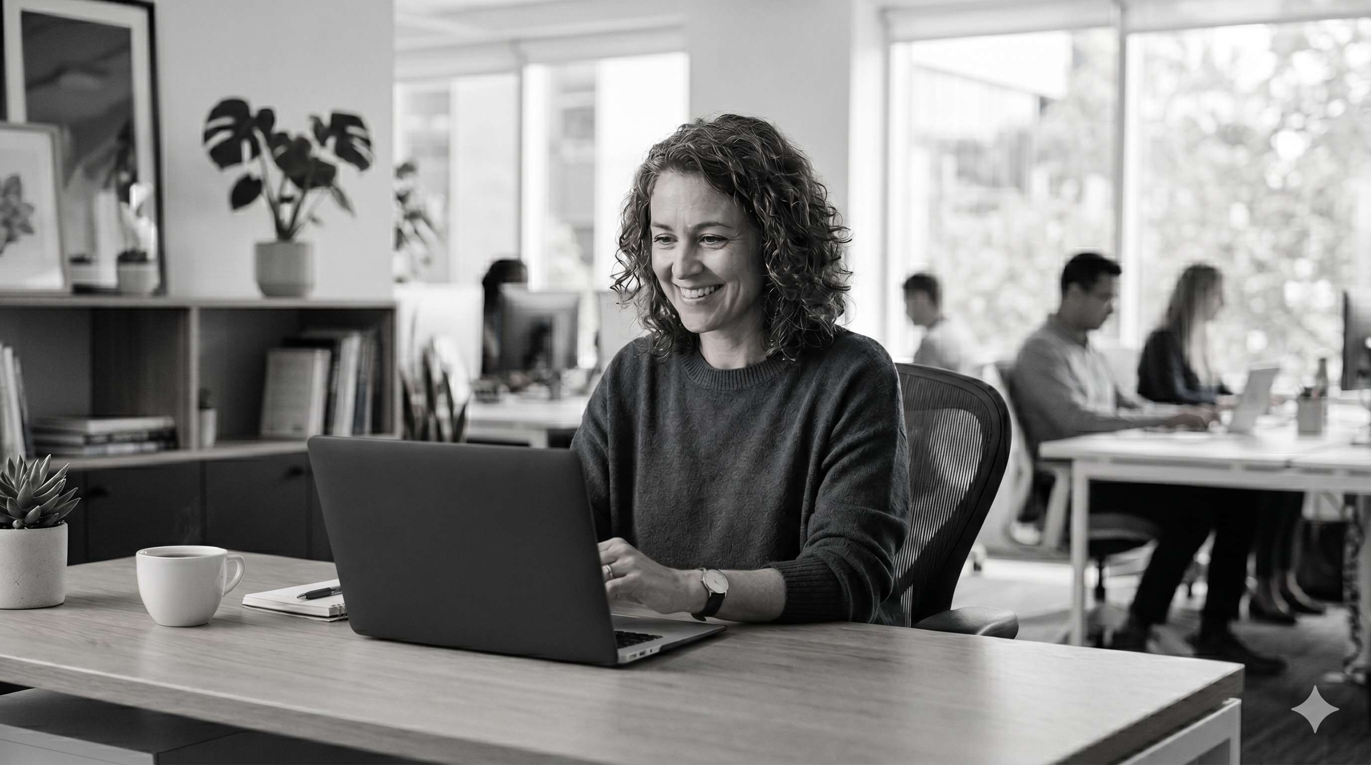 Adelaide professional working on a laptop in a modern open-plan office, using AI tools to get more done