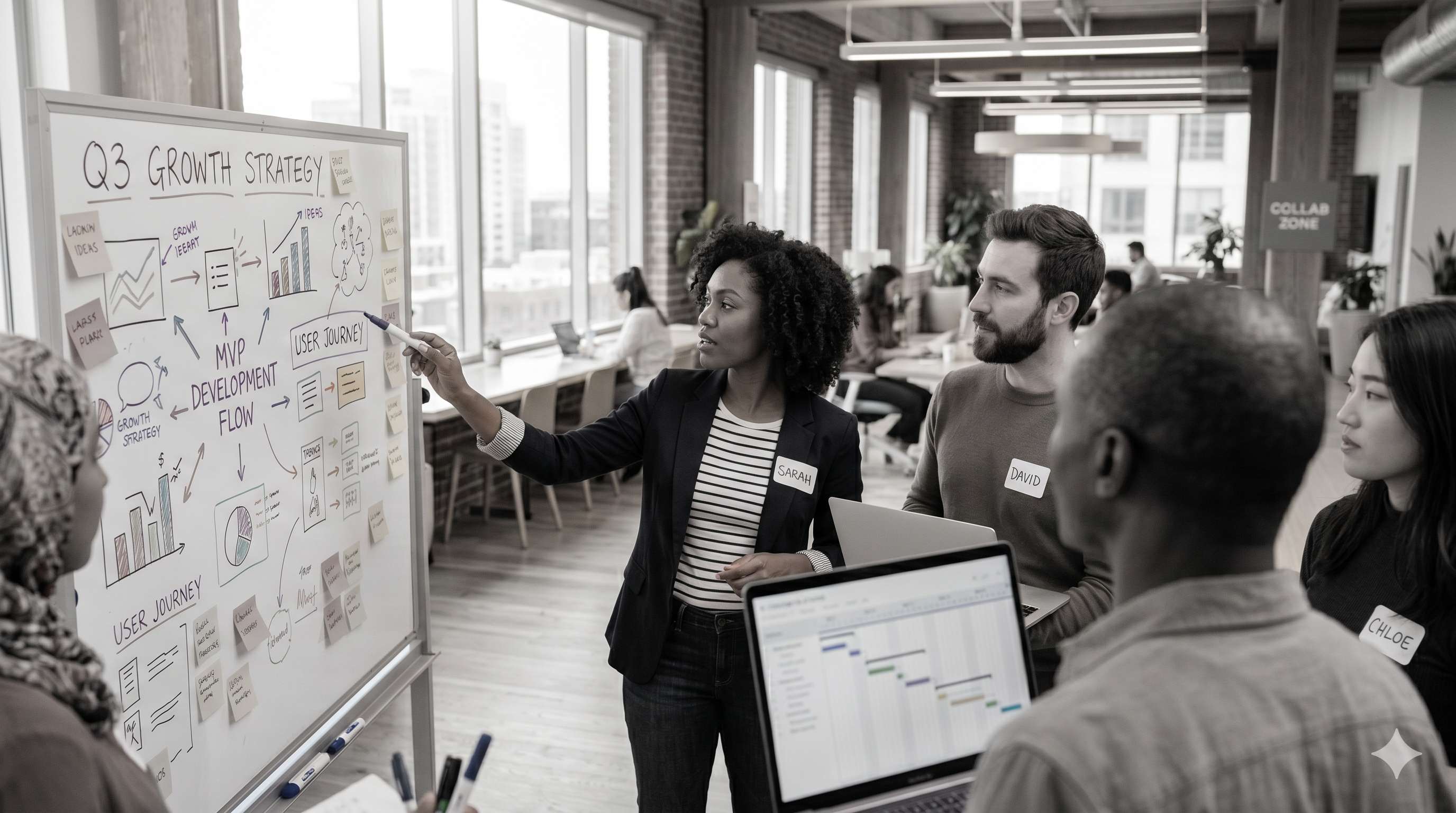 A diverse team collaborating around a whiteboard covered in growth strategy diagrams in a modern loft-style office