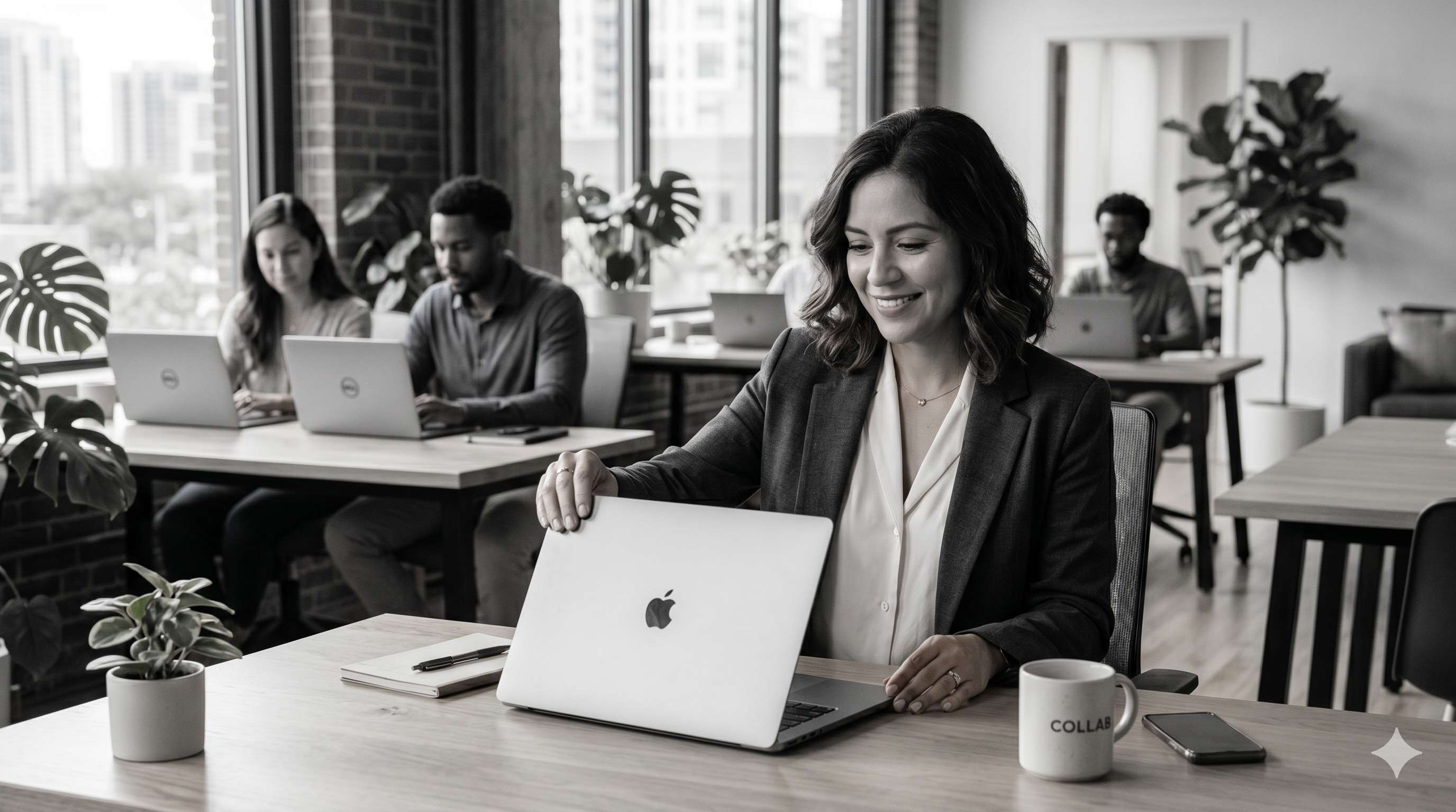A professional woman in a modern open-plan office opening a brand-new laptop with a calm, confident expression while colleagues work at identical-looking laptops in the background