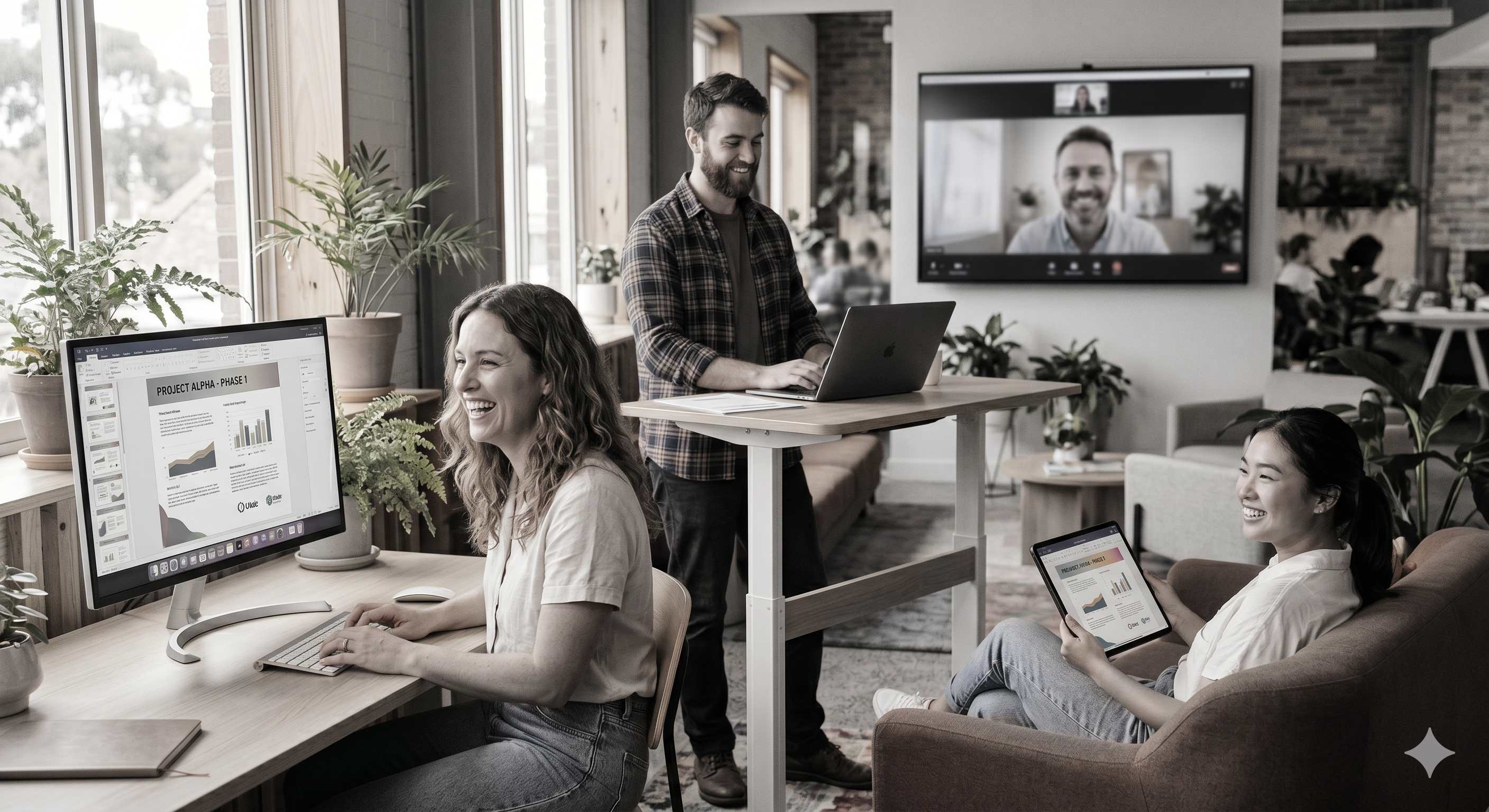 A team of three professionals collaborating across a desktop, laptop and tablet in a warm, plant-filled office, with a wall-mounted screen showing a Teams video call participant