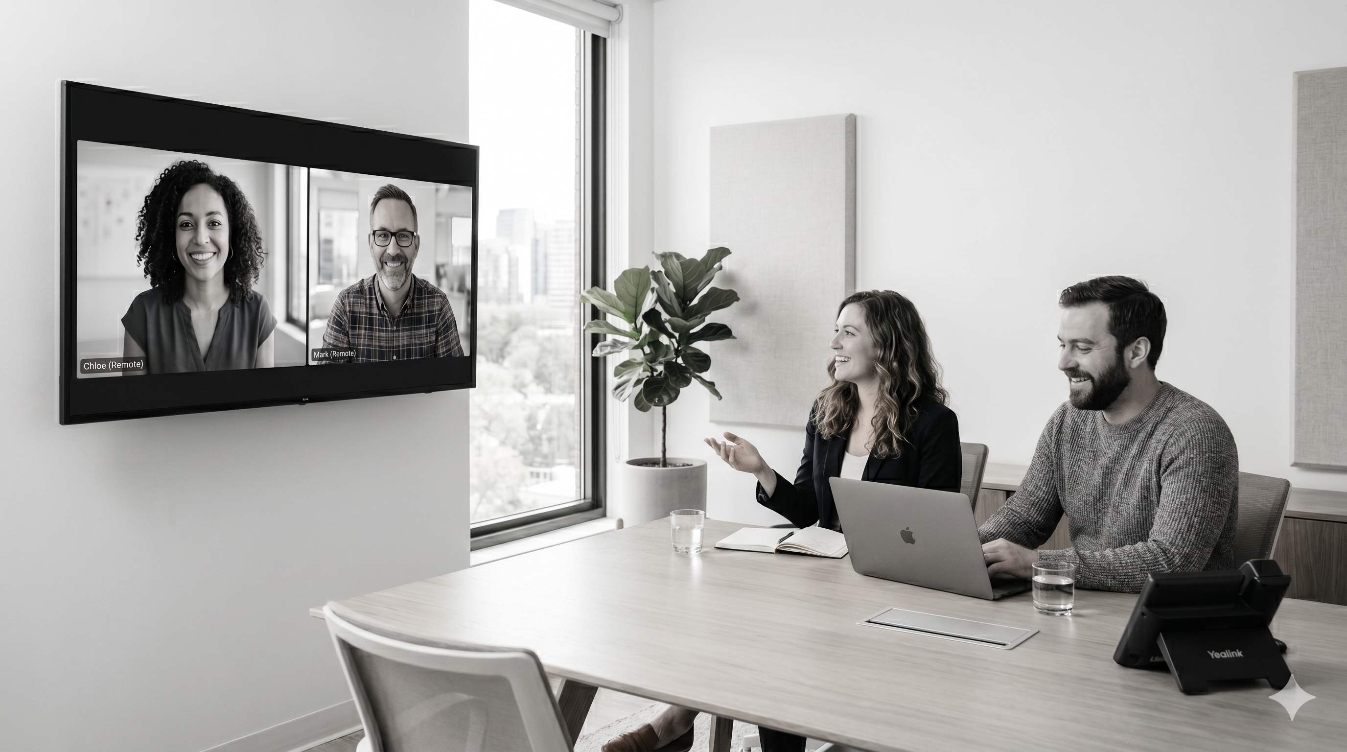 Modern Adelaide boardroom with two team members on a Microsoft Teams video meeting and remote participants on a wall-mounted display, with a Yealink desk phone